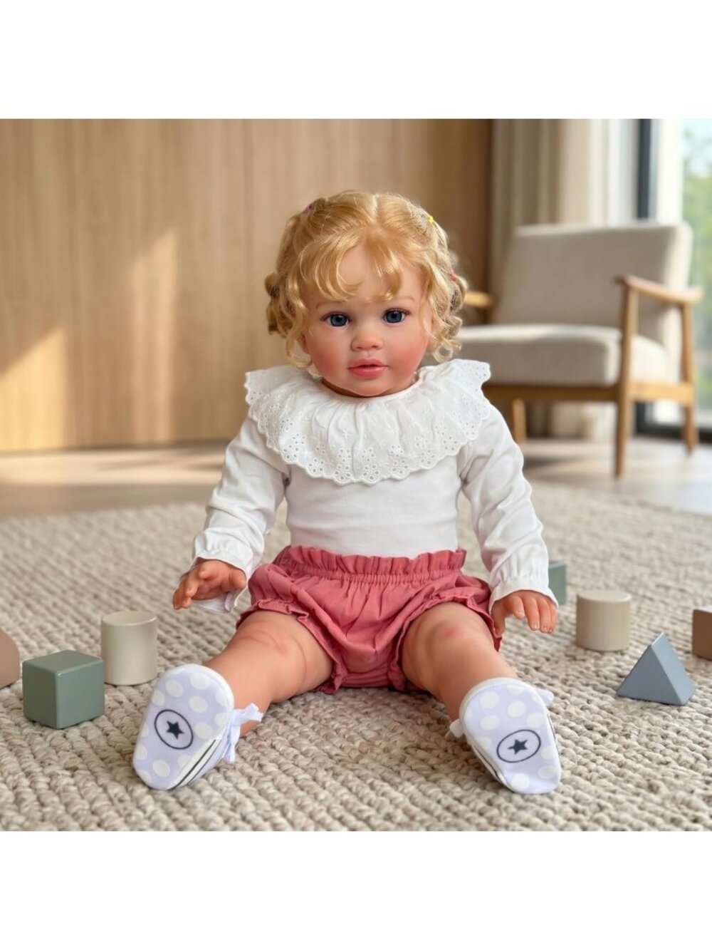 26" Realistic Reborn Baby Doll with Curly Blond Hair, Lifelike Toddler